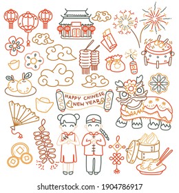 Chinese New Year festival color line doodle on white background, clouds, fireworks, money, gold, Chinese food, mandarin orange, lantern, flowers, lion, Chinese drum, Chinese boy and girl. 