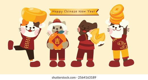 Chinese New Year Festival with Lucky Cat, Red and Gold Elements, and Traditional Symbols for Holiday Celebrations, Vector, Illustration