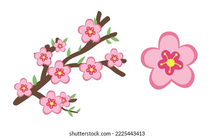 Chinese New Year festival peach blossom clipart. Simple cute pink flowers cherry blossom flat vector design illustration cartoon drawing style. Design elements. Asian Happy Lunar New Year concept