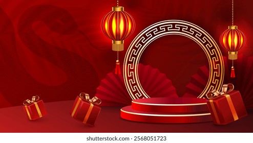 Chinese new year festival poster, light element decorative scene, podium ornament. Vector illustration