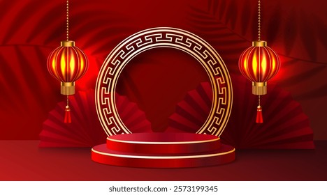 Chinese new year festival poster, light element decorative scene, podium ornament. Vector illustration