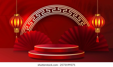 Chinese new year festival poster, light element decorative scene, podium ornament. Vector illustration