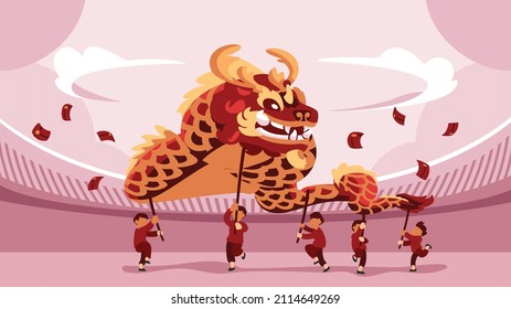 Chinese New Year Festival Red Lion Dance Cartoon in Vector Art
