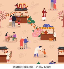 Chinese New Year festival, seamless pattern design. Street market in Chinatown, booths, lanterns, outdoor China celebration. Endless background, print. Flat graphic vector illustration.