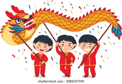 Chinese new year festival. Three little boys dancing Dragon dance 