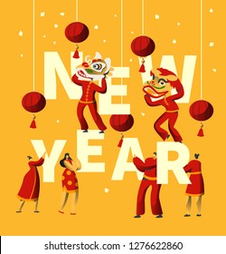 Cartel de tipografía del Festival de Año Nuevo chino. Baile masculino en máscara de dragón rojo para la celebración de feriados en China. Ilustración vectorial plana de la plantilla de la tarjeta de saludo del Festival Tradicional Asiático de Linterna