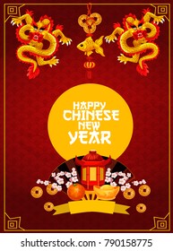 Chinese New Year festive poster with oriental pagoda. Spring Festival dragon, lucky coin, gold ingot and fan greeting card with golden frame, ribbon banner and wishes of Happy Chinese New Year