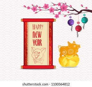 Chinese New Year festive vector card with scroll and chinese calligraphy 2019