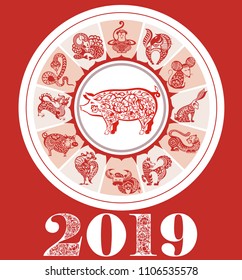 Chinese New Year festive vector card Design with pig, zodiac symbol of year 2019.