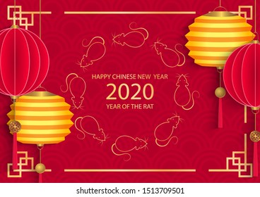 Chinese New Year festive vector card design with rat, zodiac symbol of year 2020