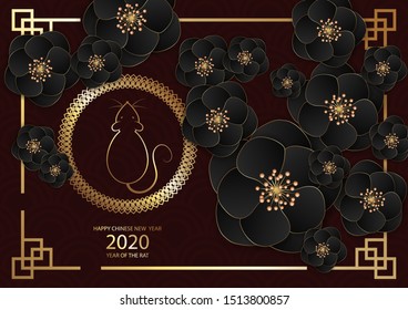 Chinese New Year festive vector card design with rat, zodiac symbol of year 2020