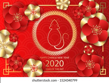 Chinese New Year festive vector card design with rat, zodiac symbol of year 2020