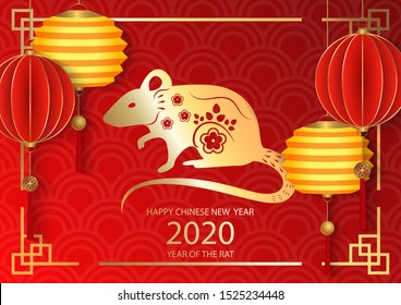 Chinese New Year festive vector card design with rat, zodiac symbol of year 2020