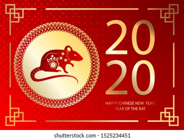 Chinese New Year festive vector card design with rat, zodiac symbol of year 2020