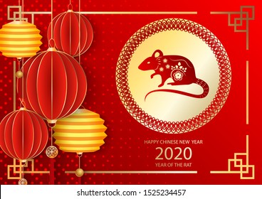 Chinese New Year festive vector card design with rat, zodiac symbol of year 2020