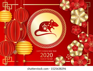 Chinese New Year festive vector card design with rat, zodiac symbol of year 2020