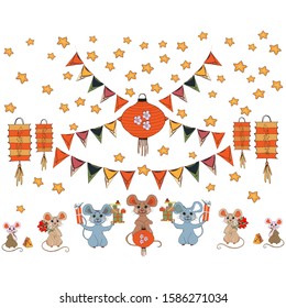 Chinese New Year festive vector card design with rat, zodiac symbol of year 2020