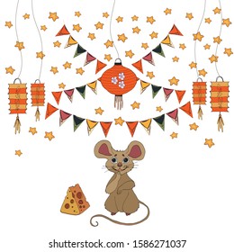 Chinese New Year festive vector card design with rat, zodiac symbol of year 2020