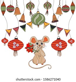 Chinese New Year festive vector card design with rat, zodiac symbol of year 2020