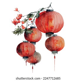 Chinese New Year festive vector card Design on watercolor background Chinese red lanterns