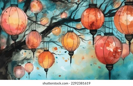 Chinese New Year festive vector card Design on watercolor background Chinese red lanterns
