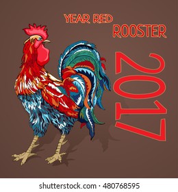 Chinese New Year. Fiery red rooster a symbol of 2017. New Year greeting card with a rooster with bright colorful feathers. Hand-drawing, vintage vector illustration