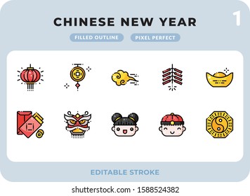 Chinese New Year Filled Icons Pack for UI. Editable Stroke. Pixel perfect thin line vector icon set for web design and website application.
