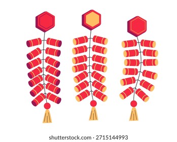 Decoraciones petardas del Año Nuevo chino en rojo y oro con borlas. Año Nuevo lunar adornos festivos Ilustración vectorial plana