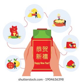 Chinesischer Neujahrsflacher Hintergrund mit Happy New Year-Text auf chinesischer Vektorgrafik