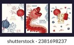 chinese new year flat design greeting card set. year of the dragon