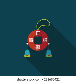 Chinese New Year flat icon with long shadow,eps10, Ancient Coins lucky pendant means " wish good luck and fortune comes."
