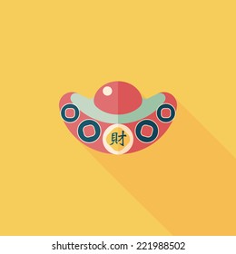 Chinese New Year flat icon with long shadow,eps10, Gold ingot with Chinese words means " wish you earn a lot of money."