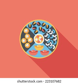 Chinese New Year flat icon with long shadow,eps10, Chinese desserts plate include nuts, candies and cookies.