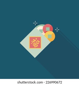 Chinese New Year flat icon with long shadow,eps10, Ancient coins lucky pendant means " wish good luck and fortune comes."