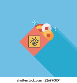 Chinese New Year flat icon with long shadow,eps10, Ancient coins lucky pendant means " wish good luck and fortune comes."