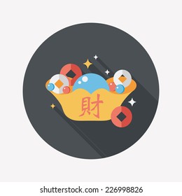 Chinese New Year flat icon with long shadow,eps10, Gold ingot with Chinese words means " wish good luck."