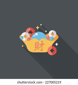 Chinese New Year flat icon with long shadow,eps10, Gold ingot with Chinese words means " wish good luck."