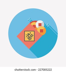 Chinese New Year flat icon with long shadow,eps10, Ancient coins lucky pendant means " wish good luck and fortune comes."