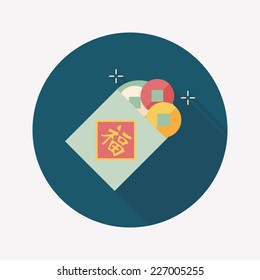 Chinese New Year flat icon with long shadow,eps10, Ancient coins lucky pendant means " wish good luck and fortune comes."