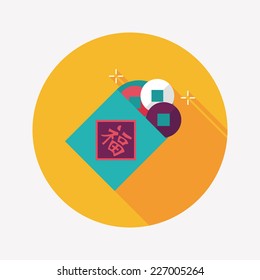 Chinese New Year flat icon with long shadow,eps10, Ancient coins lucky pendant means " wish good luck and fortune comes."