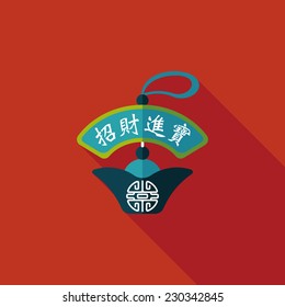Chinese New Year flat icon with long shadow,eps10, Gold ingot lucky pendant means " wish good luck and fortune comes."