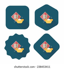 Chinese New Year flat icon with long shadow, eps10, Chinese festival couplets with gold ingot means "wish fortune come"
