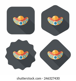 Chinese New Year flat icon with long shadow,eps10, Gold ingot with Chinese words means " wish you earn a lot of money."