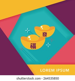 Chinese New Year flat icon with long shadow,eps10, Gold ingot with Chinese words means " wish good luck."