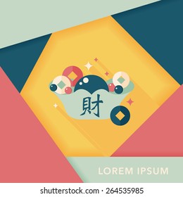 Chinese New Year flat icon with long shadow,eps10, Gold ingot with Chinese words means " wish good luck."