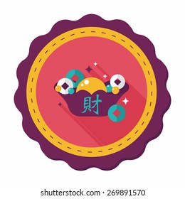 Chinese New Year flat icon with long shadow,eps10, Gold ingot with Chinese words means " wish good luck."