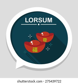 Chinese New Year flat icon with long shadow,eps10, Gold ingot with Chinese words means " wish good luck."