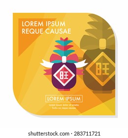 Chinese New Year flat icon with long shadow,eps10, when you send pineapple for your friends in Chinese New Year means you wish them will be wealthy this year.