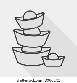 Chinese New Year flat icon with long shadow, Gold ingot de, line icon