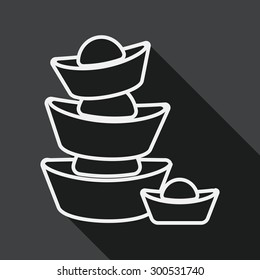 Chinese New Year flat icon with long shadow, Gold ingot de, line icon